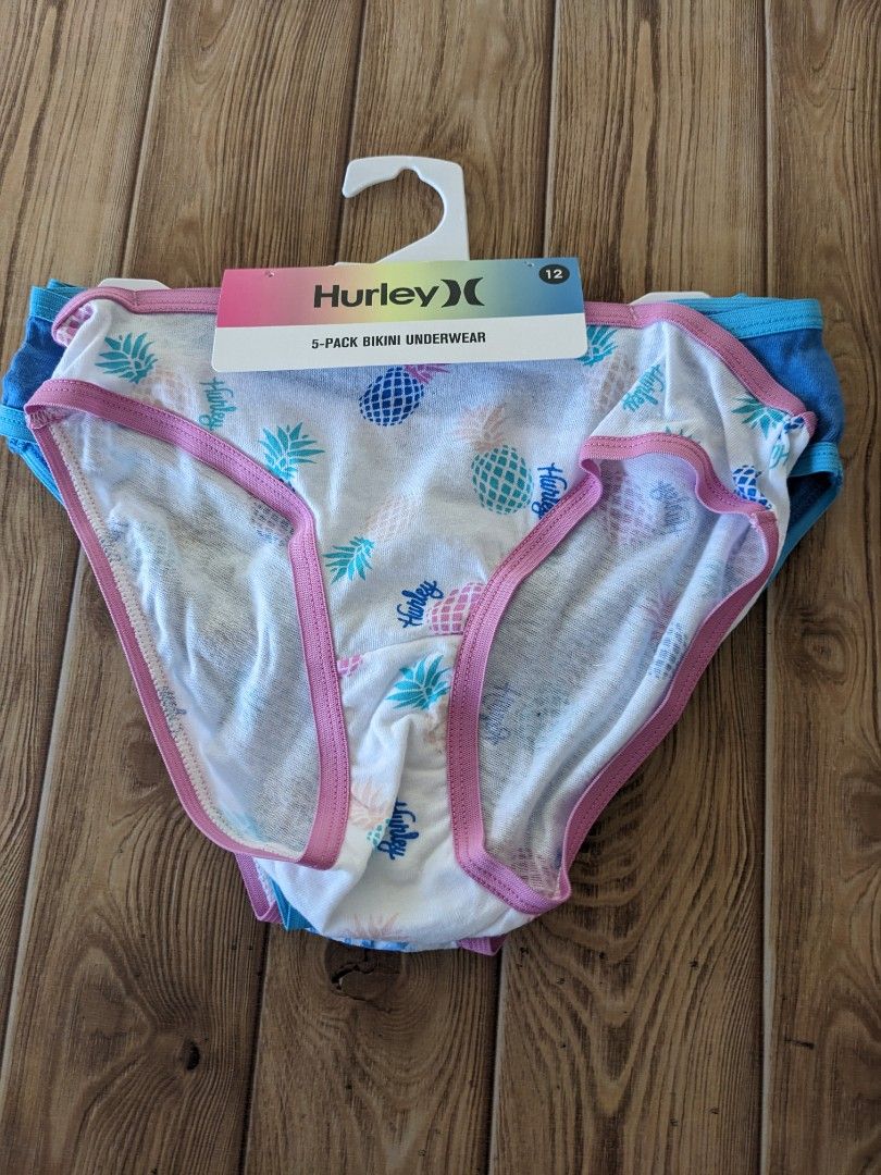 Hurley Kid Girls 5 Pcs Printed Underwear, White and Blue and Pink