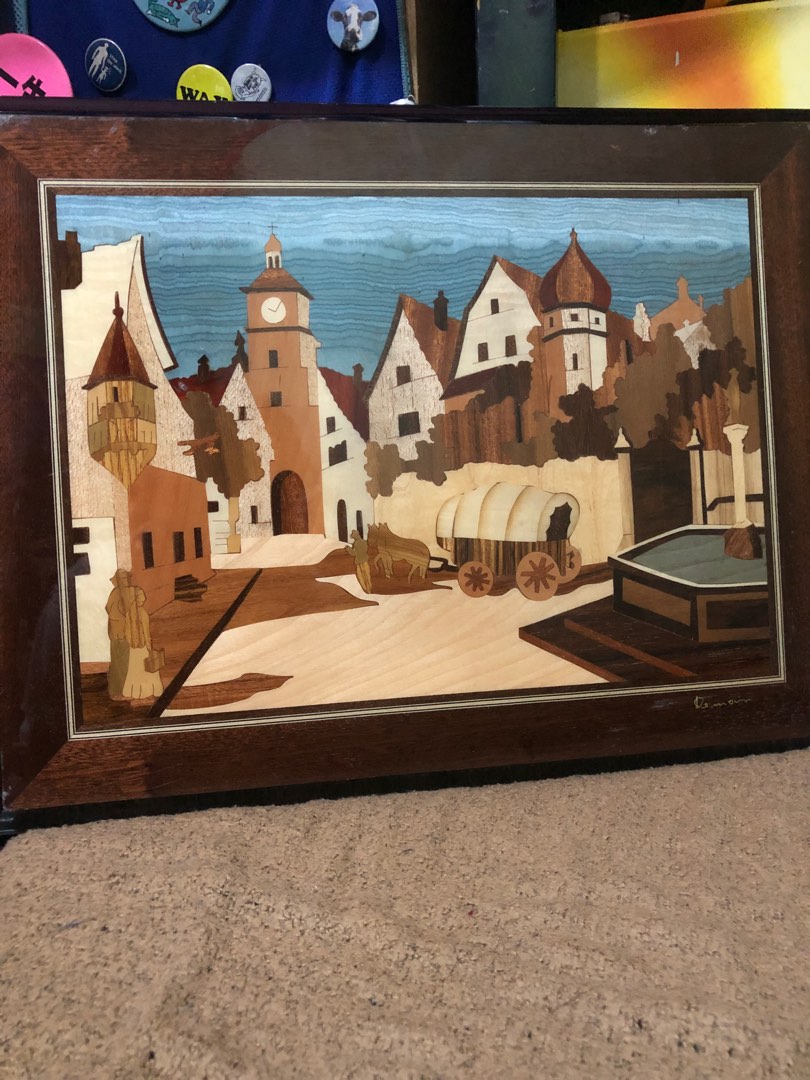 Large wood art plaque wall display with artist sign, Hobbies & Toys