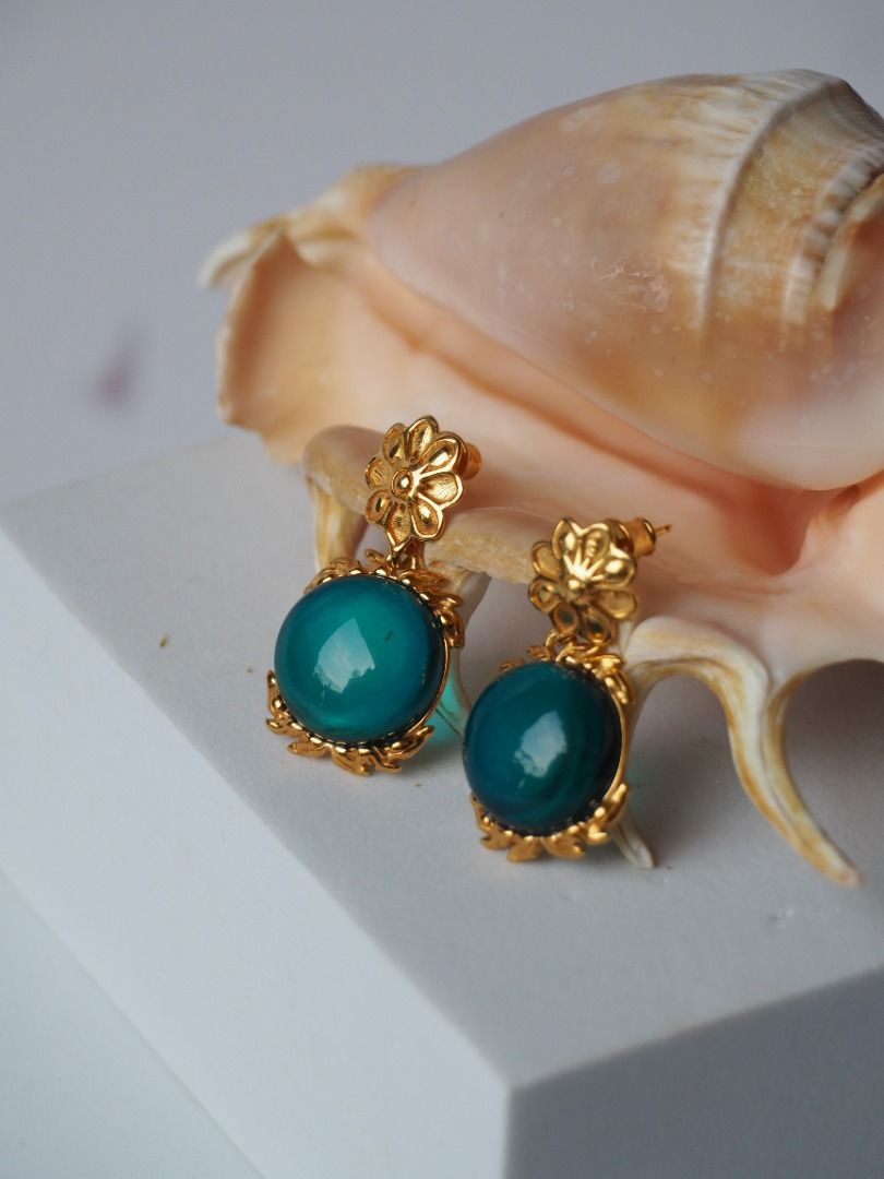 Light Blue Turquoise Big Amber Earrings Embroidered Gold Pleated