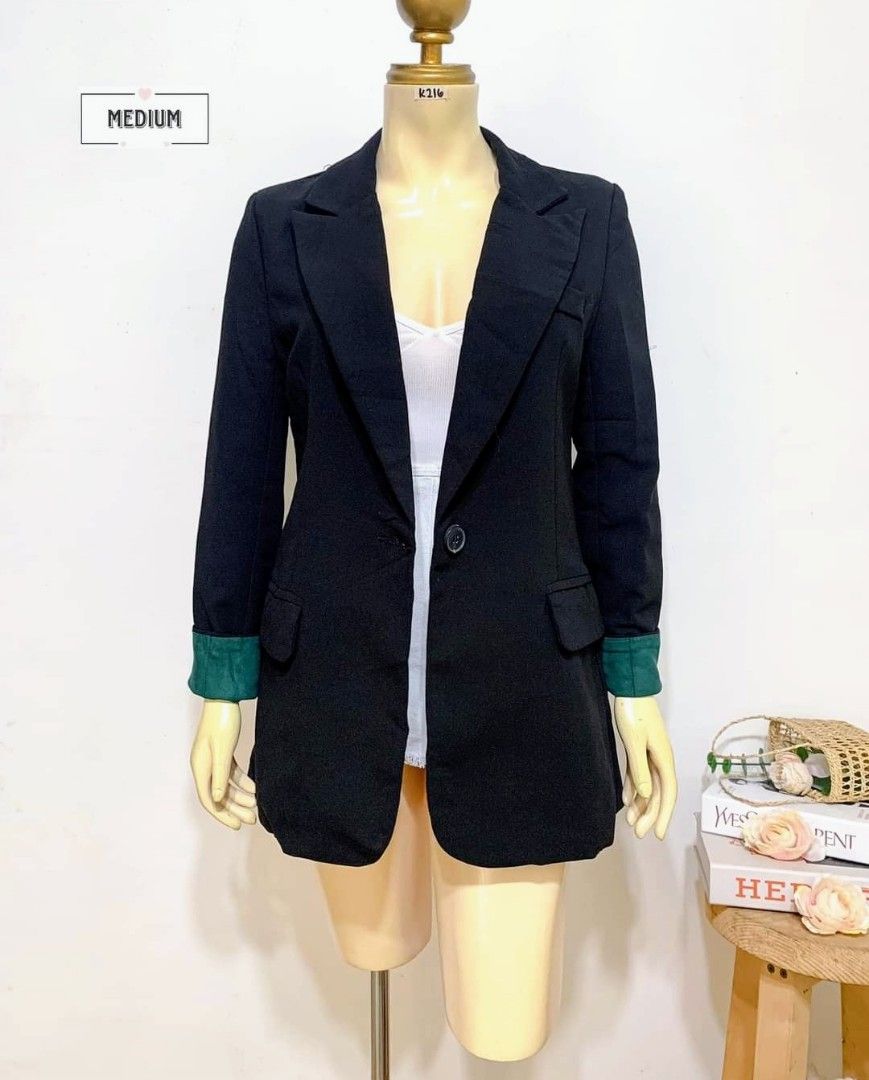 Long black formal blazer coat (Category: Coats, Jackets and Outerwear) located in Pasig City. Submitted by krizzshh (Listing ID 1259458784, Image 1). Description: S-M Thich quality of Blazer Coat with Shoulder pads.