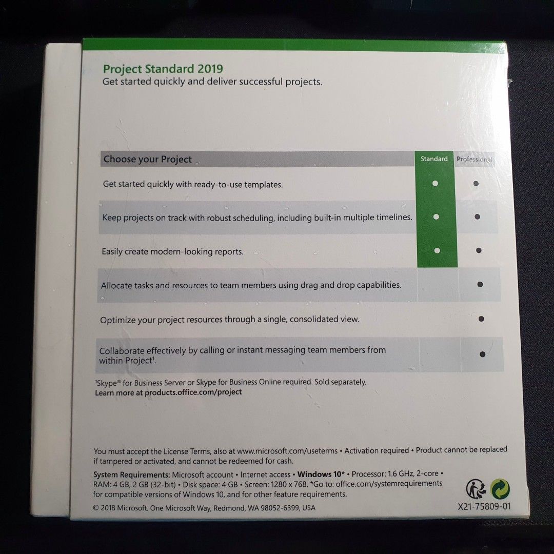 Microsoft Project Standard 2019 (Full Version) (Category: Office & Business Technology) located in Manila. Submitted by ginrei (Listing ID 1259559580, Image 2). Description: Microsoft Project Standard 2019 (Full Version) Microsoft Project Standard Full Version 2019 P700 per box 1 box left Sealed / Unopened AUTHENTIC PRODUCT DM if interested PAYMENT FIRST POLICY NO JOY RESERVATIONS.