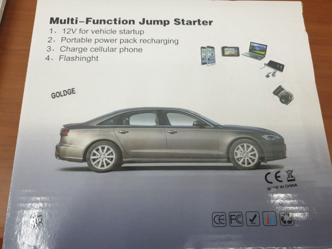Multi-Function Portable Jump Starter (Category: Tools & Equipment) located in Singapore. Submitted by donatelllo88 (Listing ID 1259520415, Image 1). Description: Brand New In Box - Smallest and lightest portable power bank - High Capacity and high power battery - Fast charging, low self-discharge - Support 12V vehicle jump start - Support for various cell phone,PSP, MP4, PDA,notebook and so on - Support 3 kind lighting modes - Multiple safety pro