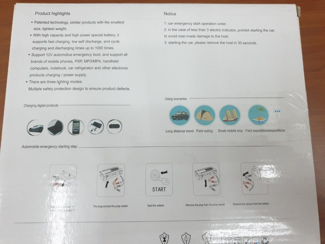 Multi-Function Portable Jump Starter (Category: Tools & Equipment) located in Singapore. Submitted by donatelllo88 (Listing ID 1259520415, Image 2). Description: Brand New In Box - Smallest and lightest portable power bank - High Capacity and high power battery - Fast charging, low self-discharge - Support 12V vehicle jump start - Support for various cell phone,PSP, MP4, PDA,notebook and so on - Support 3 kind lighting modes - Multiple safety pro