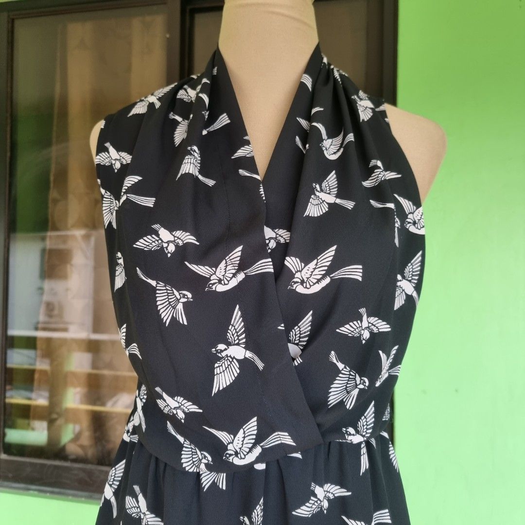 OASIS BLACK MINI DRESS WITH BIRD PRINT MEDIUM LARGE Women s
