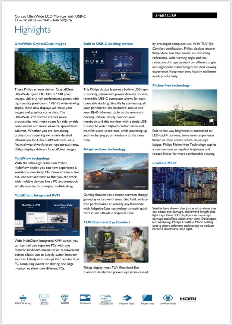 Philips 346B1C UltraWide 34" Curved Monitor, UltraWide QHD 2K, USBC and builtin KVM switch