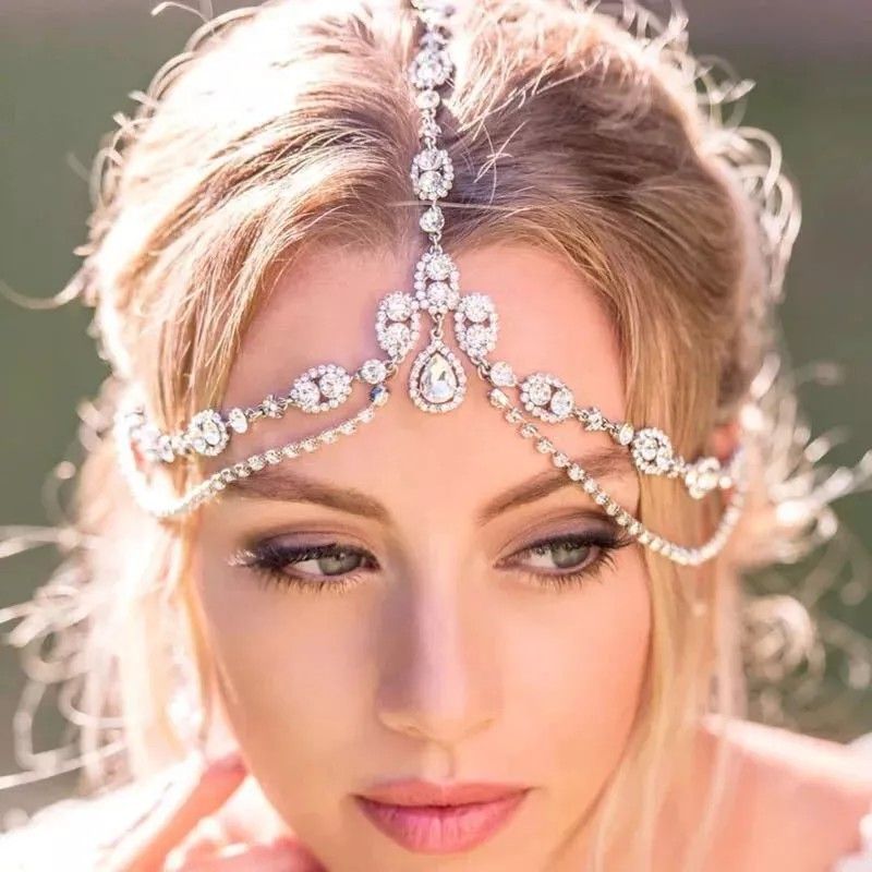 Rhinestone wedding headband hair accessory tear drop rhinestone diamond head accessory bridal forehead chain teardrop hair chain