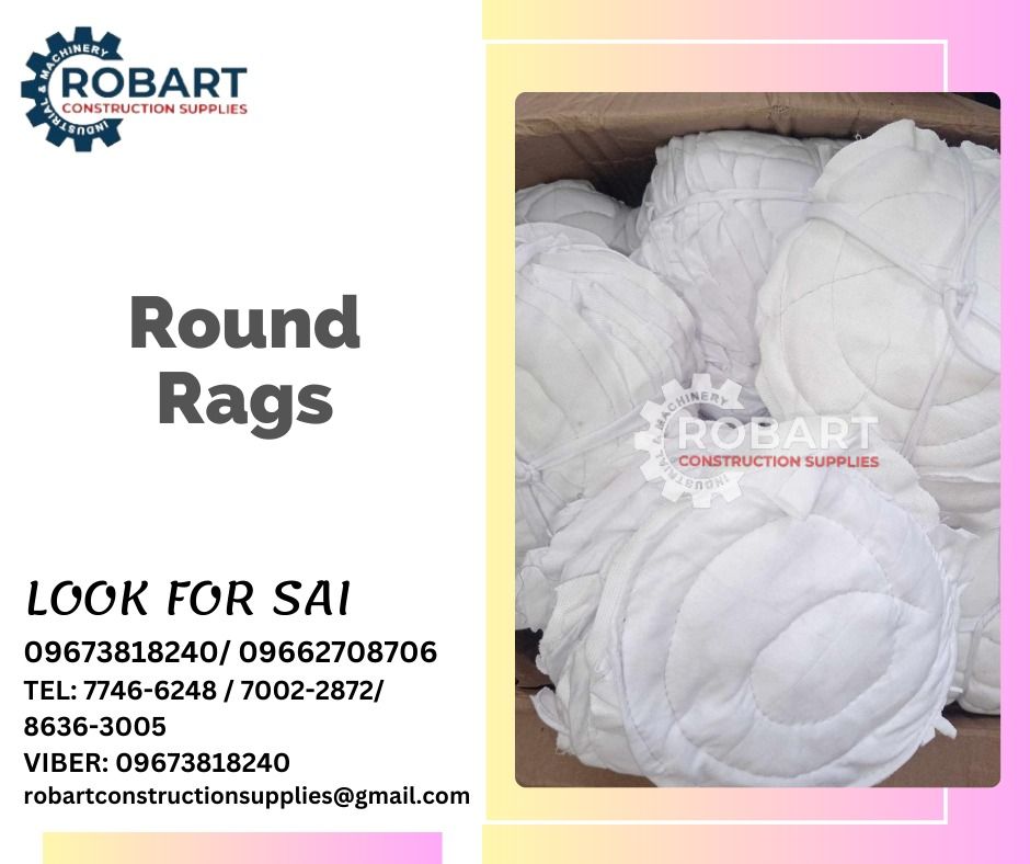 Round Rags (Category: Construction Tools & Equipment) located in Manila. Submitted by robartehm (Listing ID 1259516968, Image 1). Description: Round Rags (White) 6" ROBART CONSTRUCTION SUPPLIES Note: Prices are subject to change without prior notice. For inquiries: For FAST TRANSACTION: Sai Robart - 09673818240 / 09662708706 Vbr: Robart Sai - 09673818240 sairobart3@gmail.com Office Address: 1405 Yuseco St. Sta. Cruz Manila 7746-6248 , 7216-7605 ,