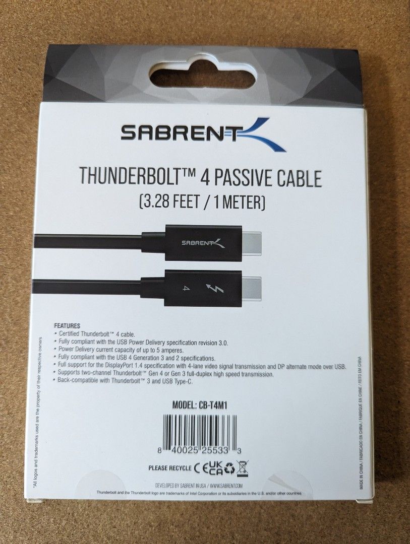 Sabrent Thunderbolt 4 Cable, 3.28 feet/1Meter （分類：電腦線、轉接線及轉換器）位於 Hong Kong。 由 redusereuserecycle 提交（商品編號 1259515551，圖片 2）。簡介： Intel Certified Thunderbolt 4 Cable,40Gbps speed, fully back compatible with Thunderbolt 3. Supports power delivery upto 100Watts, full support for Display Port 1.4.。