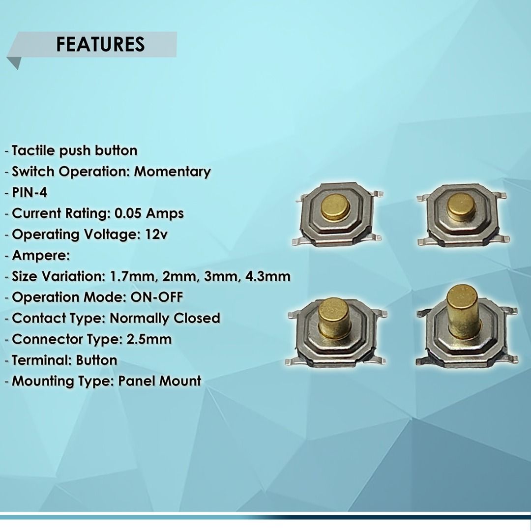 TACTILE PUSH BUTTON SWITCH 4-PIN (1-PC per ORDER) MICRO MOMENTARY TACT ...