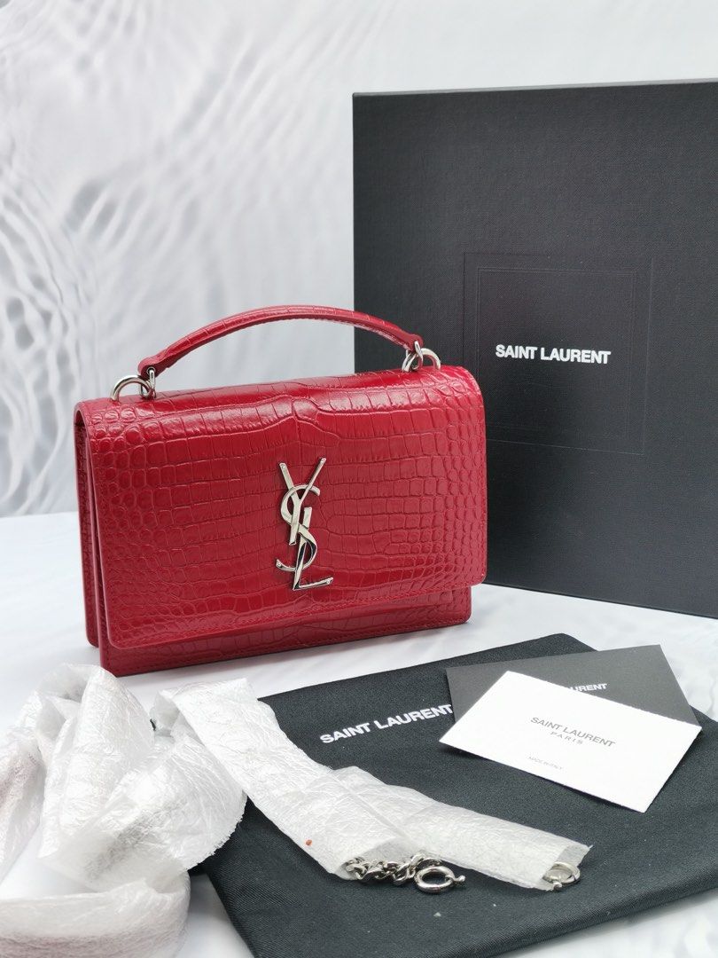 Saint Laurent Paris Red Croc Embossed Leather Wallet on Chain