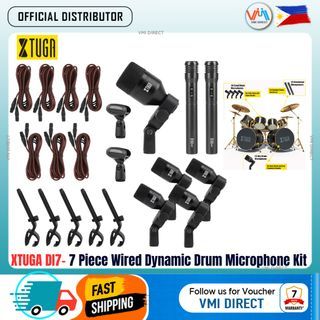 XTUGA DI7 7-Piece Wired Dynamic Drum Mic Kit (Whole Metal) Kick Bass, Tom/Snare & Cymbals Microphone-Use for Drums, Vocal, Other Instrument Complete with Thread Clip 7 On Stage Audio Cables 16.5FT - VMI DIRECT