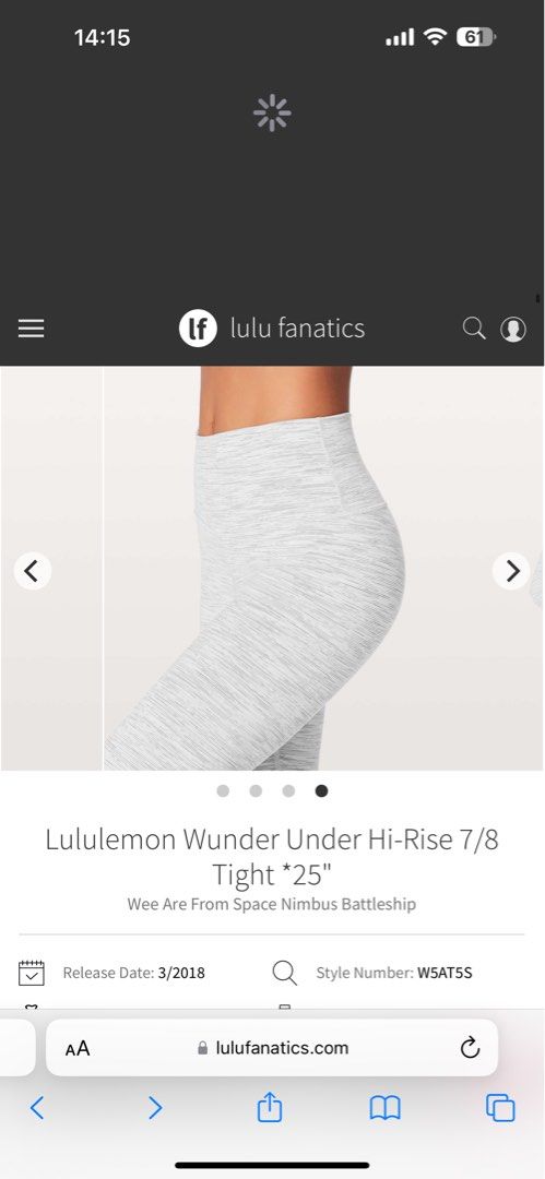 BN Lululemon Wunder Under Hi-Rise 7/8 Tight *25 Size 6, Women's