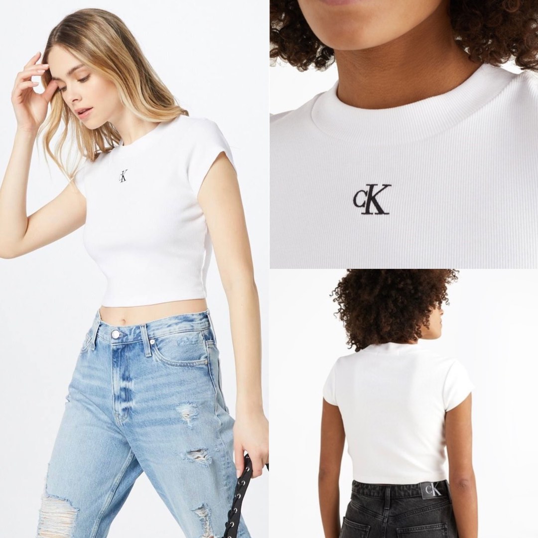 Calvin Klein Mono Rib Crop Baby Tee Top White and Black , Women's Fashion,  Tops, Shirts on Carousell