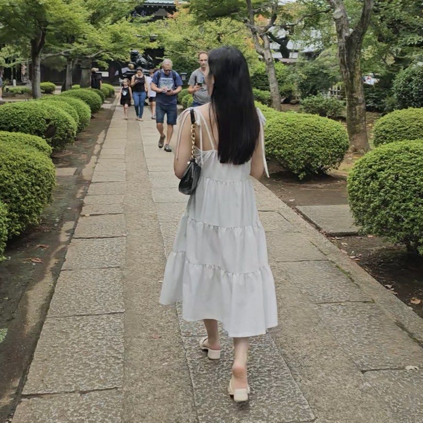 Casual Plain Spaghetti Straps Layered Hem Women Dress White Kasual