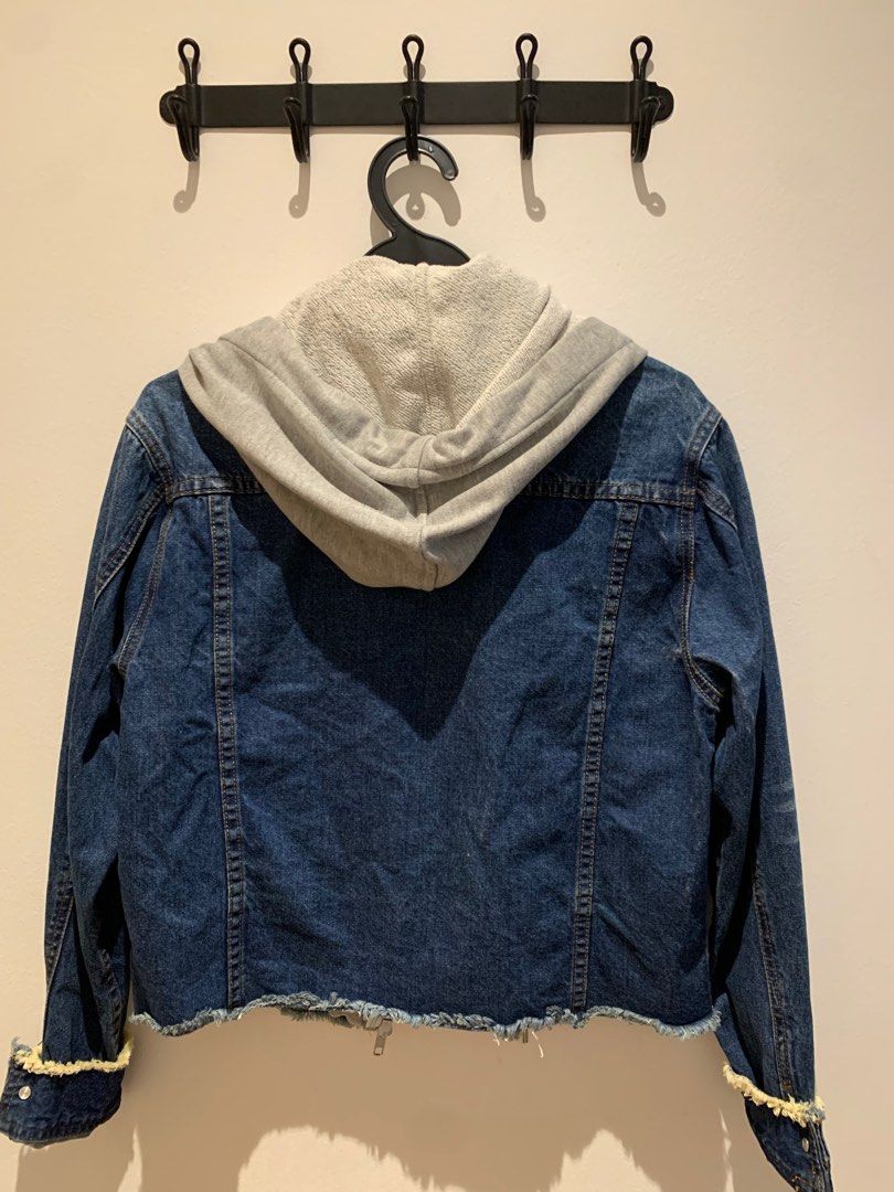 Central Park West denim jean jacket with detachable hoodie
