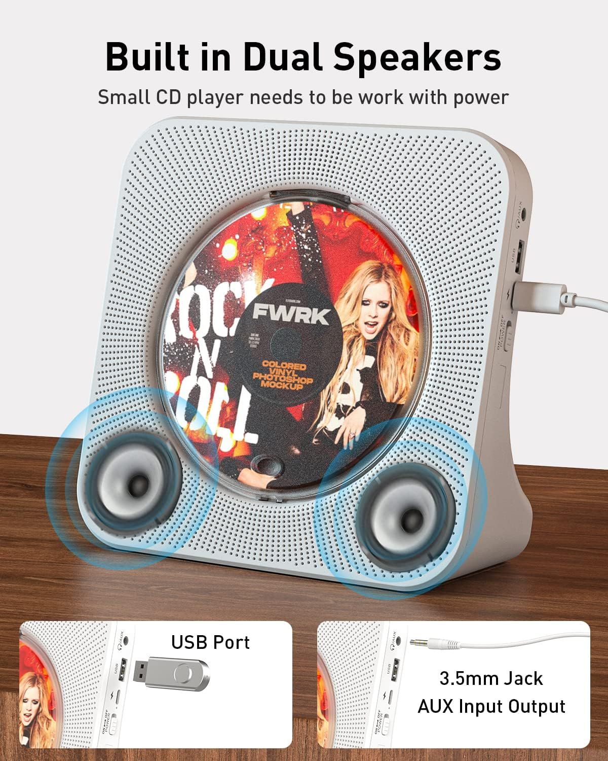 CD Player Portable with 60 Second Anti Skip, Stereo Earbuds, Includes Aux  in Cable and AC USB Power Cable for use at Home or in Car