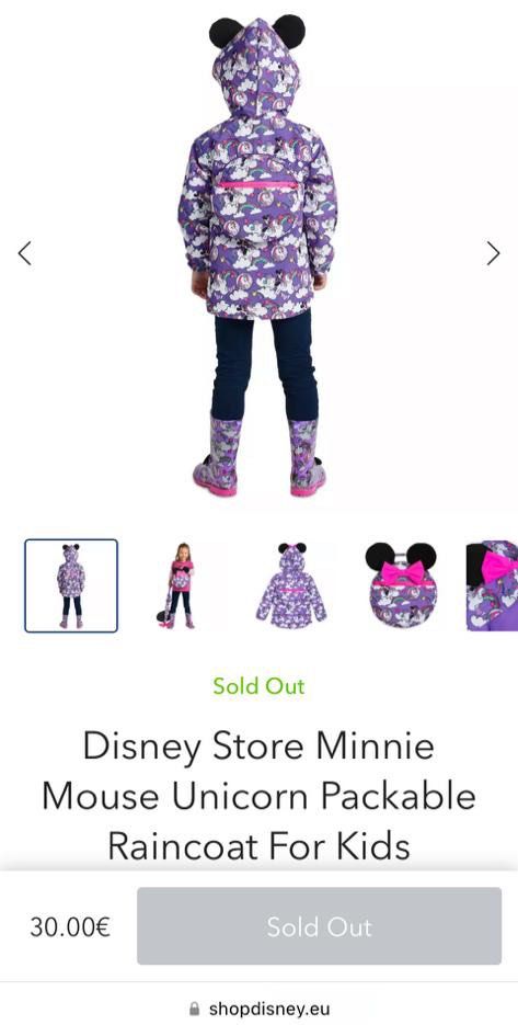 Brand New Disney Store Minnie Mouse Unicorn Packable Raincoat For Kids