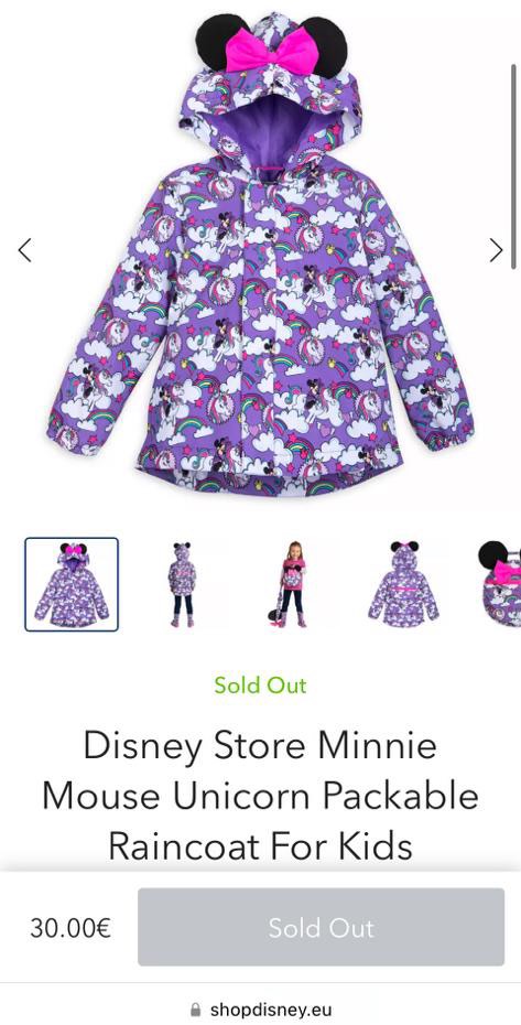 Brand New Disney Store Minnie Mouse Unicorn Packable Raincoat For