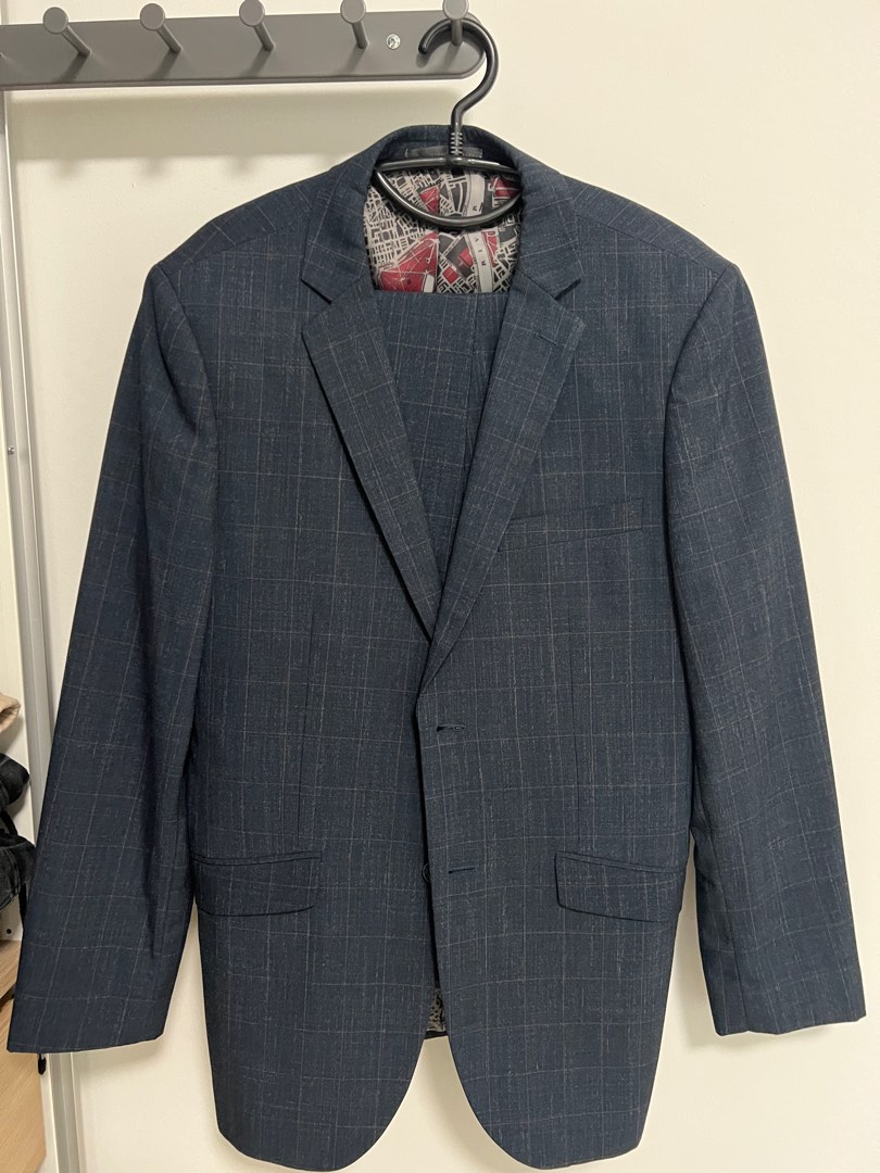 G2000 Checkered Dark Blue Suit with Pants Set, Men's Fashion, Coats ...