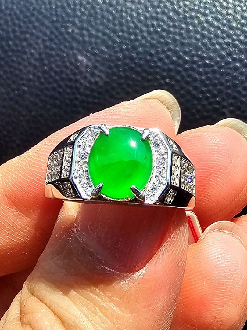 Grade A icy clear imperial green jadeite myannmar with zirconia on S925 silver mens ring