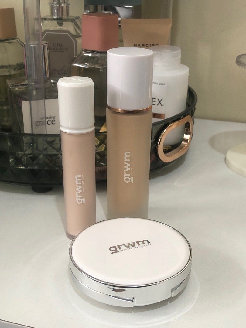 GRWM Cosmetics Foundation, Concealer, Powder (Category: Makeup) located in Manila. Submitted by curvvvyc0utureee (Listing ID 1259682681, Image 1). Description: ₱ 1,000 FOR EVERYTHING. Only swatched. Not even one pump or one swipe was used from every product. 99% full. RFS: Not my shade. Ashy on me. Individual prices: Foundation in Sand- ₱ 450 Concealer in Cotton- ₱ 280 Powder in Icing Sugar- ₱ 400 Less ₱ 130 if you get everything Reasonably price