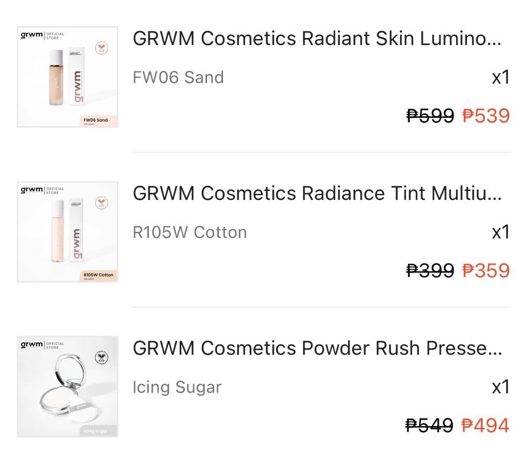GRWM Cosmetics Foundation, Concealer, Powder (Category: Makeup) located in Manila. Submitted by curvvvyc0utureee (Listing ID 1259682681, Image 2). Description: ₱ 1,000 FOR EVERYTHING. Only swatched. Not even one pump or one swipe was used from every product. 99% full. RFS: Not my shade. Ashy on me. Individual prices: Foundation in Sand- ₱ 450 Concealer in Cotton- ₱ 280 Powder in Icing Sugar- ₱ 400 Less ₱ 130 if you get everything Reasonably price
