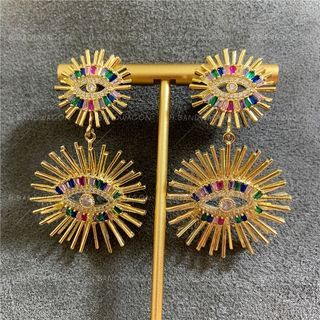 【H.BANDWAGON】重工張揚誇張個性精緻太陽光芒微鑲彩色T方鋯惡魔之眼耳環 耳釘 925銀針 眼睛