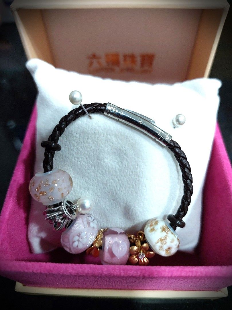Kids bracelet glass stones 18k yellow and white gold ornaments with pearl and intertwined real leather
