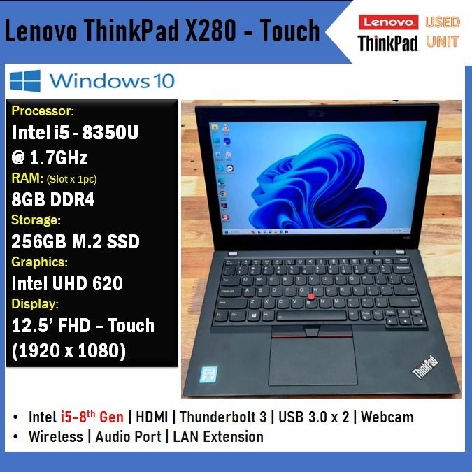 USED] Lenovo X280 Intel i5-8th Gen @ 1.7GHz 8GB RAM 256GB SSD 12.5