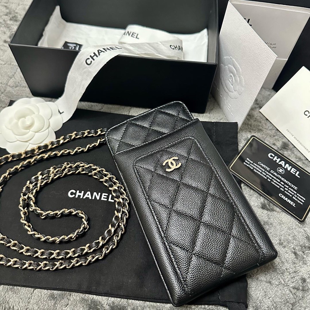 LIKE NEW Authentic Chanel O Phone Case GHW Caviar Black