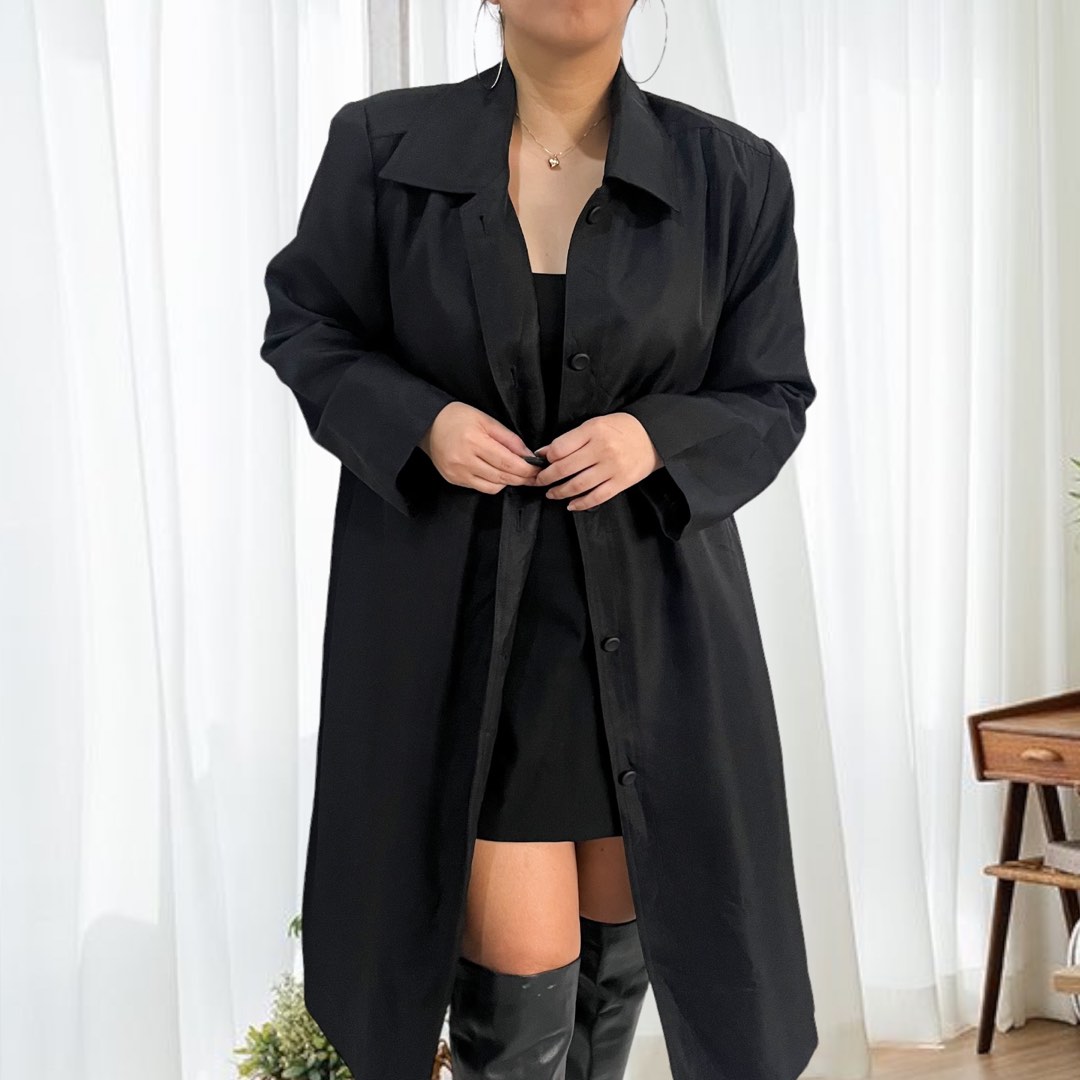 Women's Black Abstract Printed Longline Trench Coat