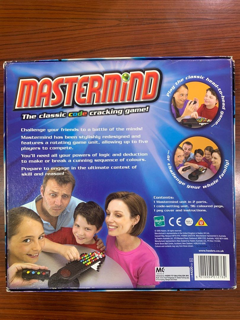 Mastermind (Category: Educational & Learning Toys) located in Shah Alam. Submitted by kevinwcj (Listing ID 1259687418, Image 3). Description: Mastermind by Hasbro Includes: - 1 code maker - 96 coloured pegs (8 colours) - The mastermind - Instruction manual - The box .