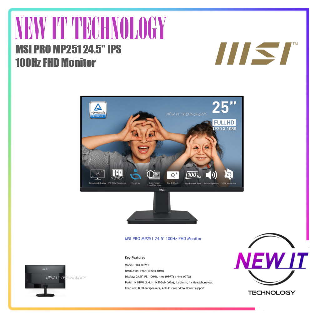 MSI PRO MP251 25 16:9 IPS Monitor, 100Hz 1ms, 1920 x 1080 (FHD) 