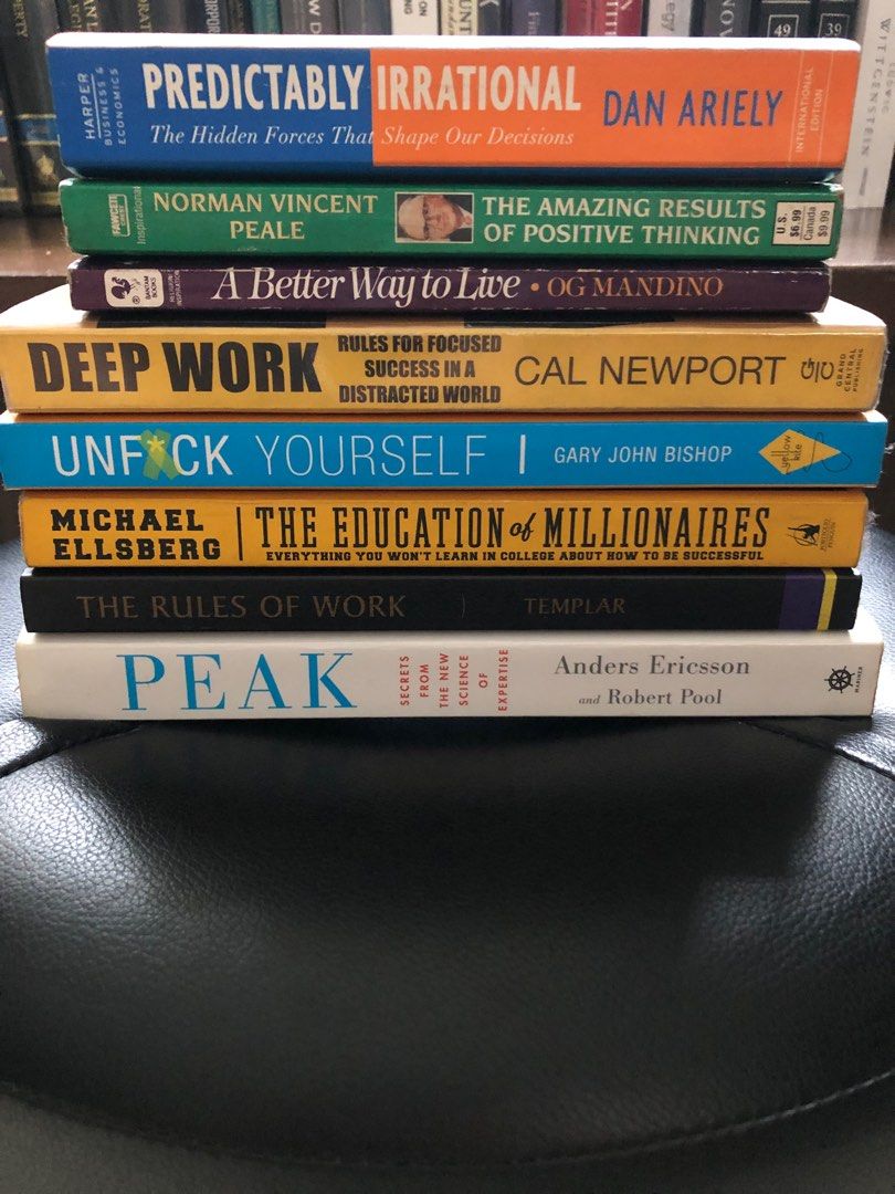 Popular Psychology & Self-help Book Pile (Category: Storybooks) located in Quezon City. Submitted by plc1233 (Listing ID 1259637676, Image 1). Description: Predictably Irrarional by. Dan Ariely -SOLD The Amazing Results of Positive Thinking by. Norma Peale -80php A Better Way to Live by. Og Mandino -SOLD Deep Work by. Cal Newport -SOLD Unfuck Yourself by. Gary Bishop -SOLD The Education of Millionaires by. Michael Elsberg -200php The Rules of Wor