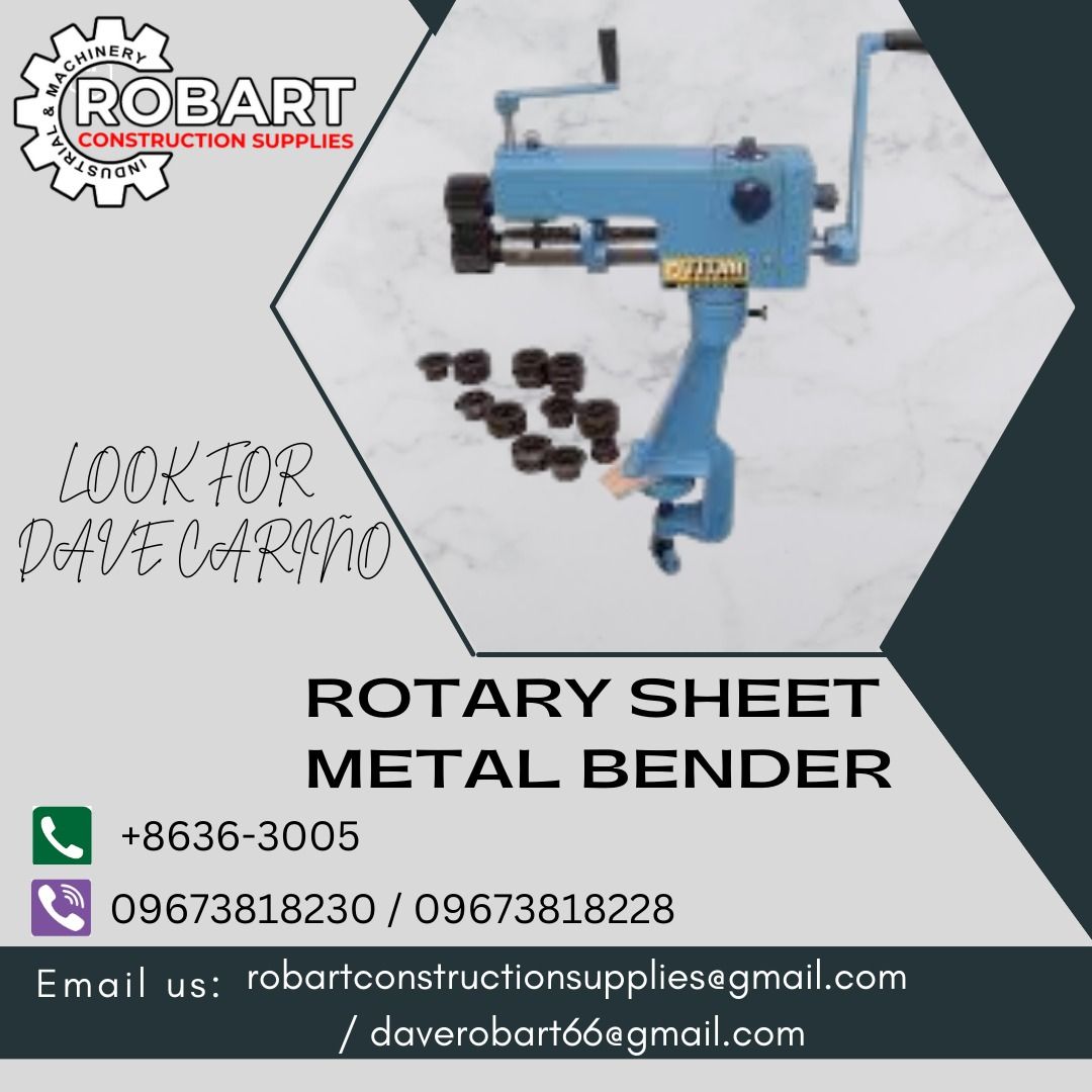 ROTARY SHEET METAL BENDER (Category: Construction Tools & Equipment) located in Caloocan City. Submitted by gabo. (Listing ID 1259684669, Image 1). Description: SALE❗ ❗ ❗ SALE❗ ❗ ❗ SALE❗ ❗ ❗ ROTARY SHEET METAL BENDER CAPACITY: 0.8MM/22Ga LOOK FOR: Dave T. Cariño Email: daverobart66@gmail.com 0 9 6 7 3 8 1 8 2 2 8 / 0 9 6 7 3 8 1 8 2 3 0 7 7 4 6 - 6 2 4 8 / 7 0 0 2 - 2 8 7 2 / 8 6 3 6 - 3 0 0 5 𝑹𝑶𝑩𝑨𝑹𝑻 𝑪𝑶𝑵𝑺𝑻𝑹𝑼𝑪𝑻𝑰𝑶𝑵 𝑺𝑼𝑷𝑷𝑳𝑰𝑬�
