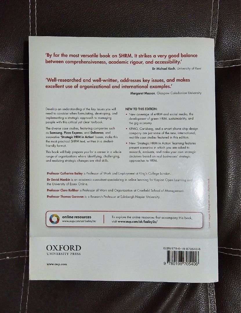 Strategic Human Resource Management - Bailey et al. (2nd ed) (Category: Textbooks) located in Mandaluyong City. Submitted by modrajaf (Listing ID 1259633602, Image 2). Description: Condition: Like new. No stains in cover, no creases in spine. No yellowing of pages. RFS: Decluttering Synopsis: "Develop an understanding of the key issues you will need to consider when formulating, developing, and implementing a strategic approach to managing people