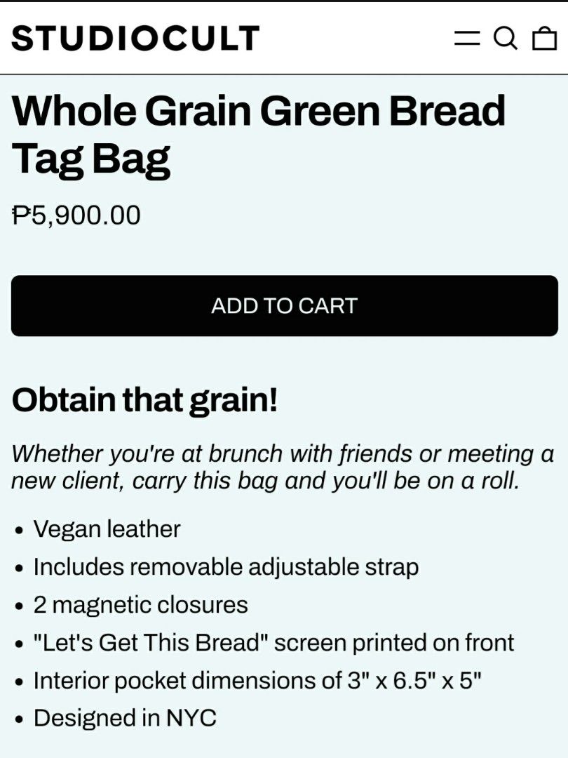 Studio Cult Bread Tag Bag (Whole Grain Green), Women's Fashion, Bags