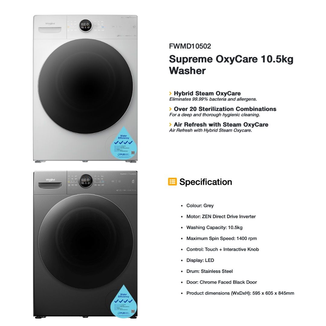 WHIRLPOOL FWMD10502GW FWMD10502GG 10.5KG SUPREME OXYCARE INVERTER