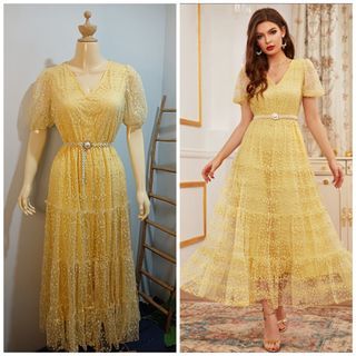 Yellow Embroidery Mesh Overlay Belted Long Dress Ruffle Hem Fairy Dress Party Rare