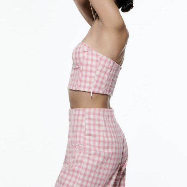 Zara Gingham Check Textured Tweed Corset Crop Top in Pink & White