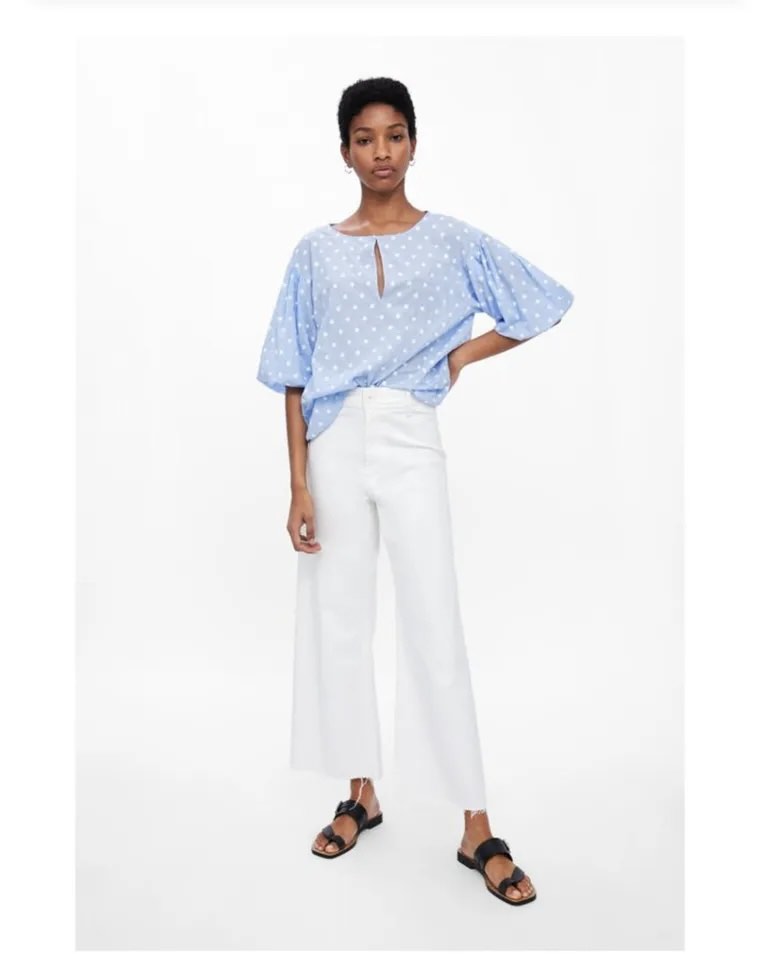 ZARA POLKA TOP SKY BLUE, Women's Fashion, Tops, Blouses on Carousell