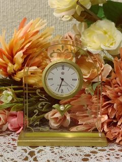 A Beautiful Vintage MIKIMOTO Solid Glass Desk Clock With Gold Accent Hand Etched Design