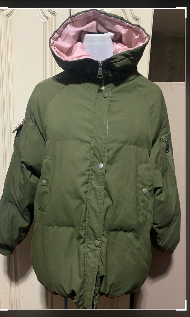 Army Green with Pink Bubble Jacket with Hood Women s Fashion