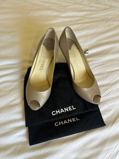 AUTHENTIC CHANEL PEEP TOE PEARL WHITE HEELS