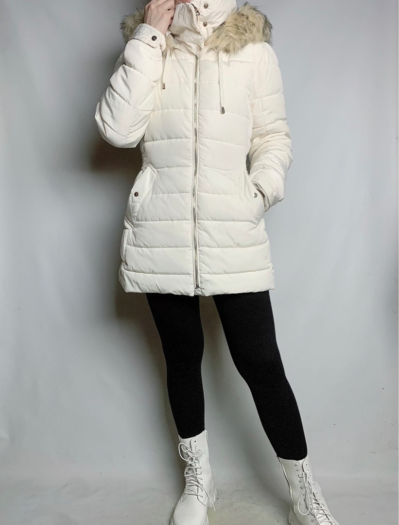 (SOLD) ZARA Puffer Jacket, Winter puffer jacket, Cream hooded puffer