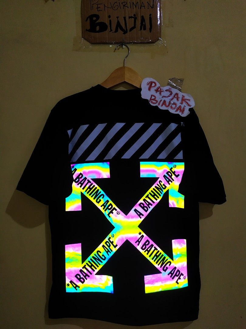 Baju kaos Off white x BAPE rainbow reflektif Fesyen Pria Pakaian