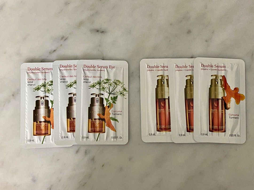 BNIB Clarins travel-sized double serum, bright plus and extra firming skincare (Category: Face Care) located in Singapore. Submitted by alizeyan (Listing ID 1259806167, Image 2). Description: Brand new travel size 1. Extra firming wrinkle control day cream 5ml $3 2. Extra firming treatment essence 10ml $5 3. Bright Plus Advanced Brightening Dark-spot targeting serum 3ml $3 Pack of 6 double serum eye and face sachets - $5, or FREE if you buy items
