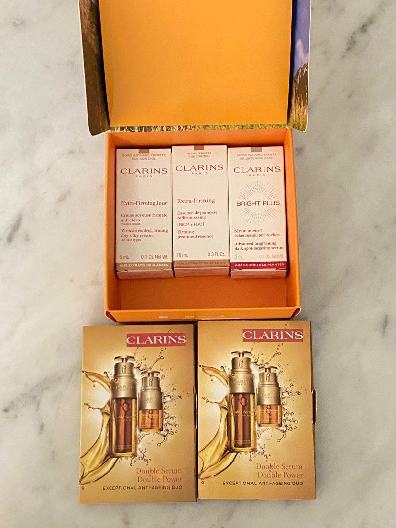 BNIB Clarins travel-sized double serum, bright plus and extra firming skincare (Category: Face Care) located in Singapore. Submitted by alizeyan (Listing ID 1259806167, Image 1). Description: Brand new travel size 1. Extra firming wrinkle control day cream 5ml $3 2. Extra firming treatment essence 10ml $5 3. Bright Plus Advanced Brightening Dark-spot targeting serum 3ml $3 Pack of 6 double serum eye and face sachets - $5, or FREE if you buy items