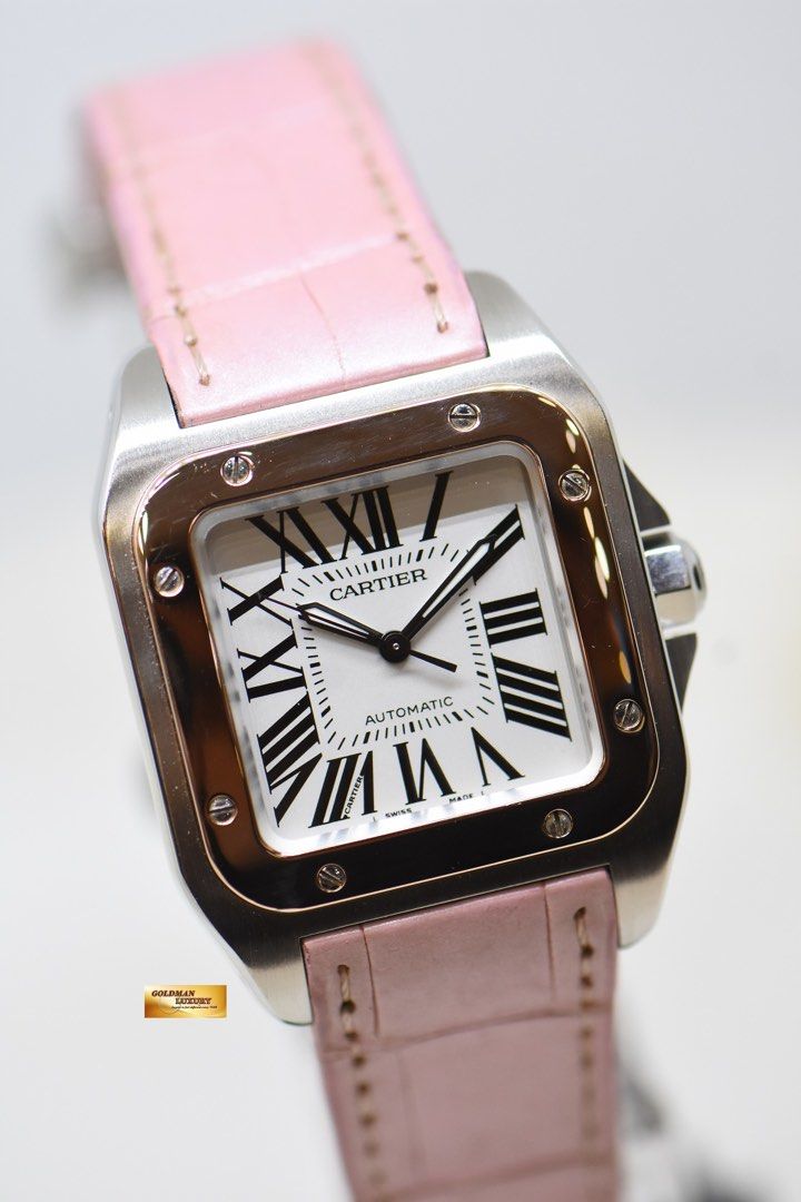 CARTIER SANTOS 100 MIDSIZE HALF GOLD IN LEATHER STRAP AUTOMATIC 2878 MINT