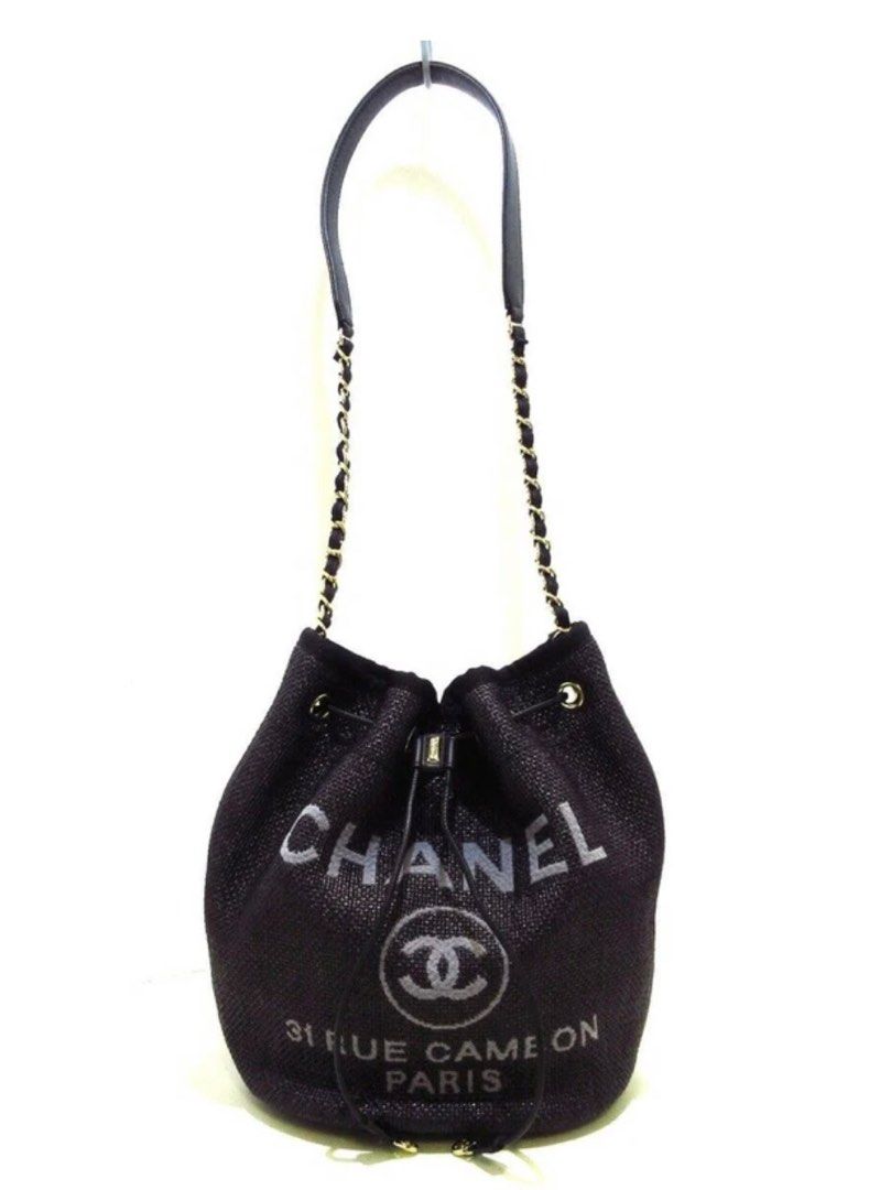 Vintage Chanel CC 1986-88 Black Quilted Leather Canvas Drawstring Bucket Bag